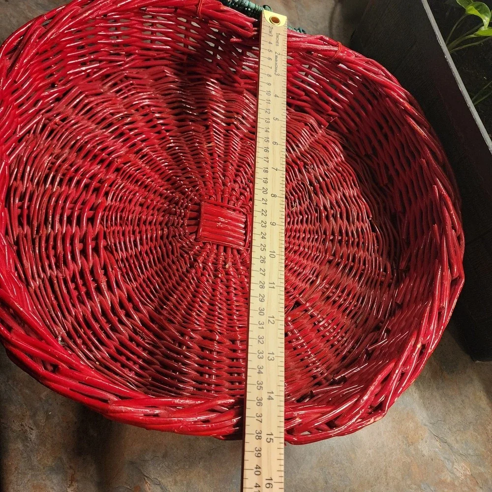 Vintage Red Wicker Apple Shaped Large Basket With Green Stem, Serving